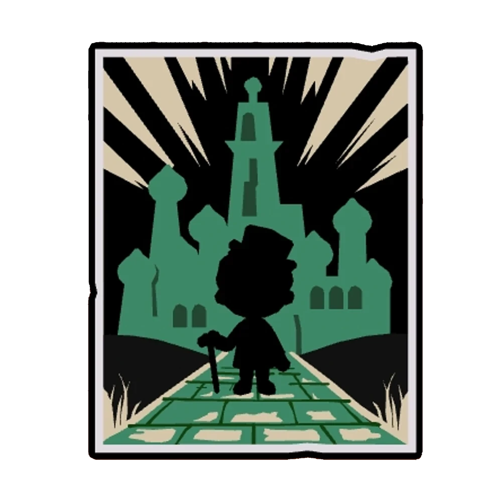 Vintage-style Emerald City poster with green castle and silhouetted figure