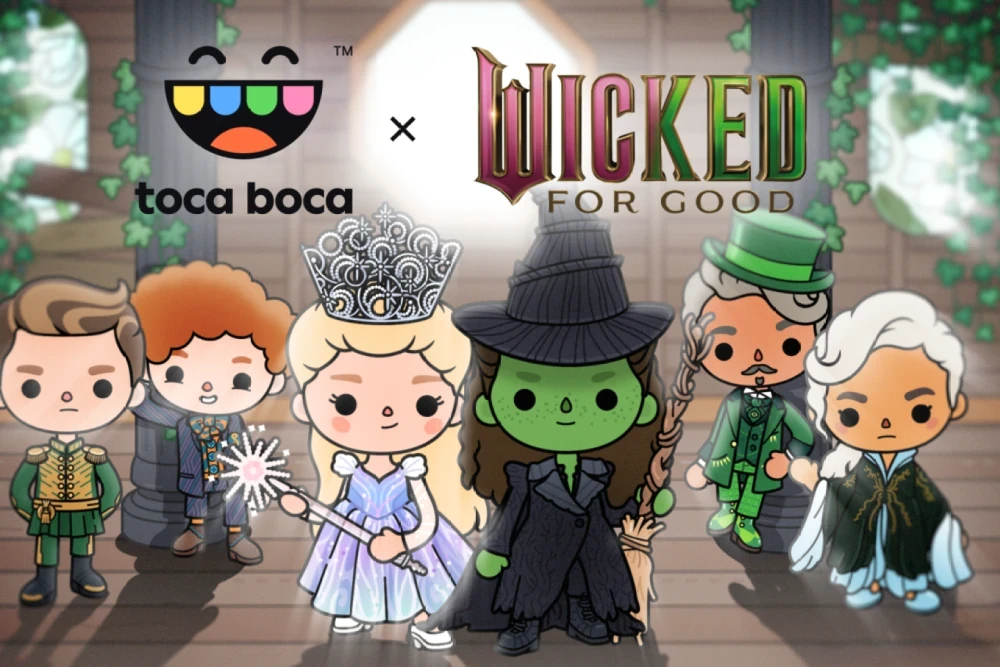 Toca Boca x Wicked For Good title card with six costumed avatars under a green stone arch