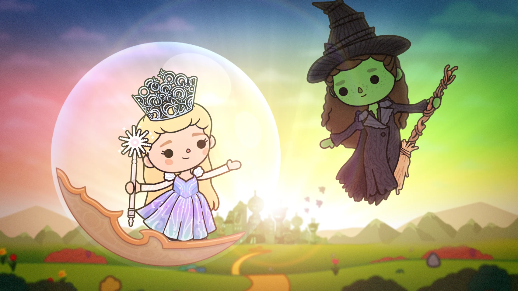 Glinda on a crescent moon and Elphaba on a broom above a yellow brick road landscape