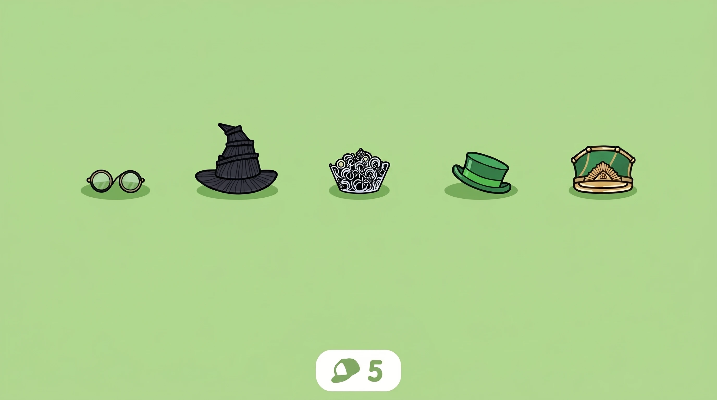 Five Wicked head accessories including witch hat, glasses, and green bowler