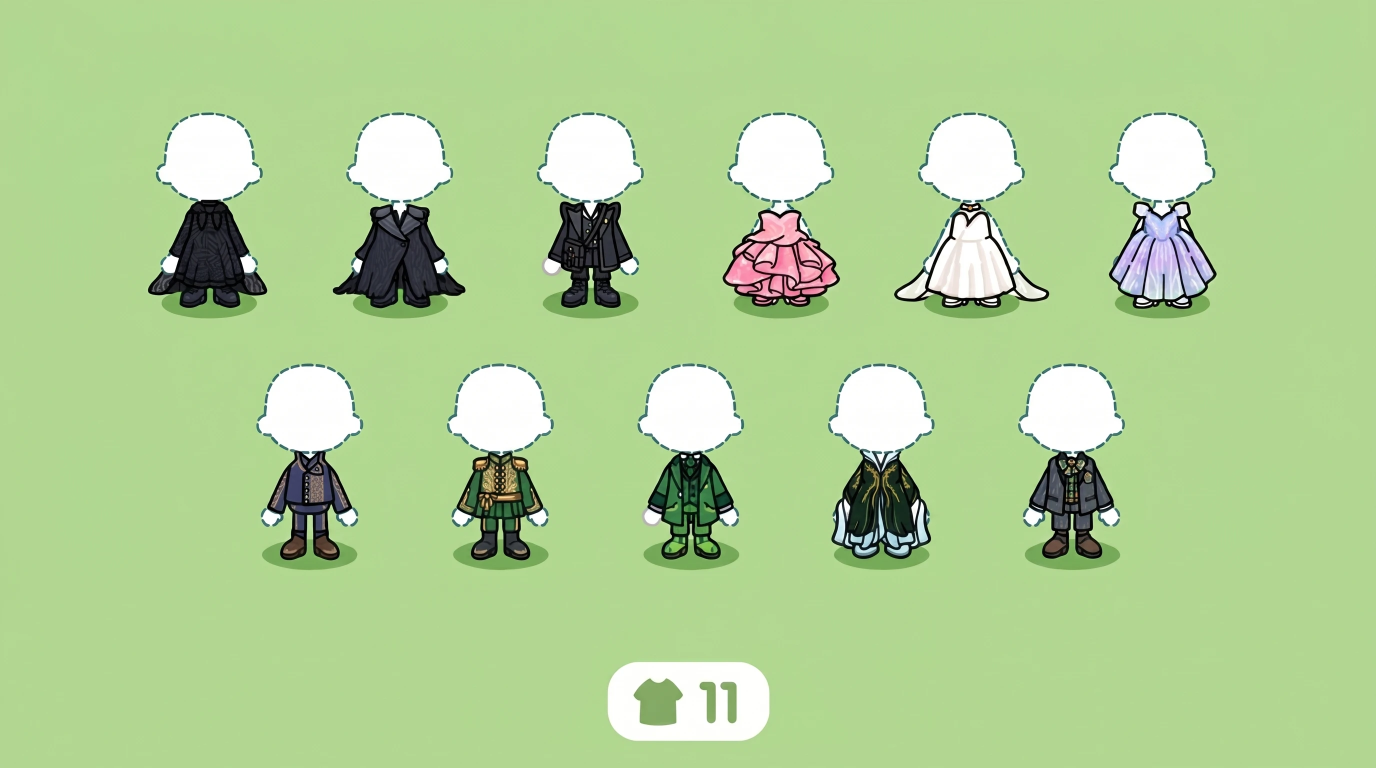 Eleven mannequin figures wearing complete Wicked-inspired outfits