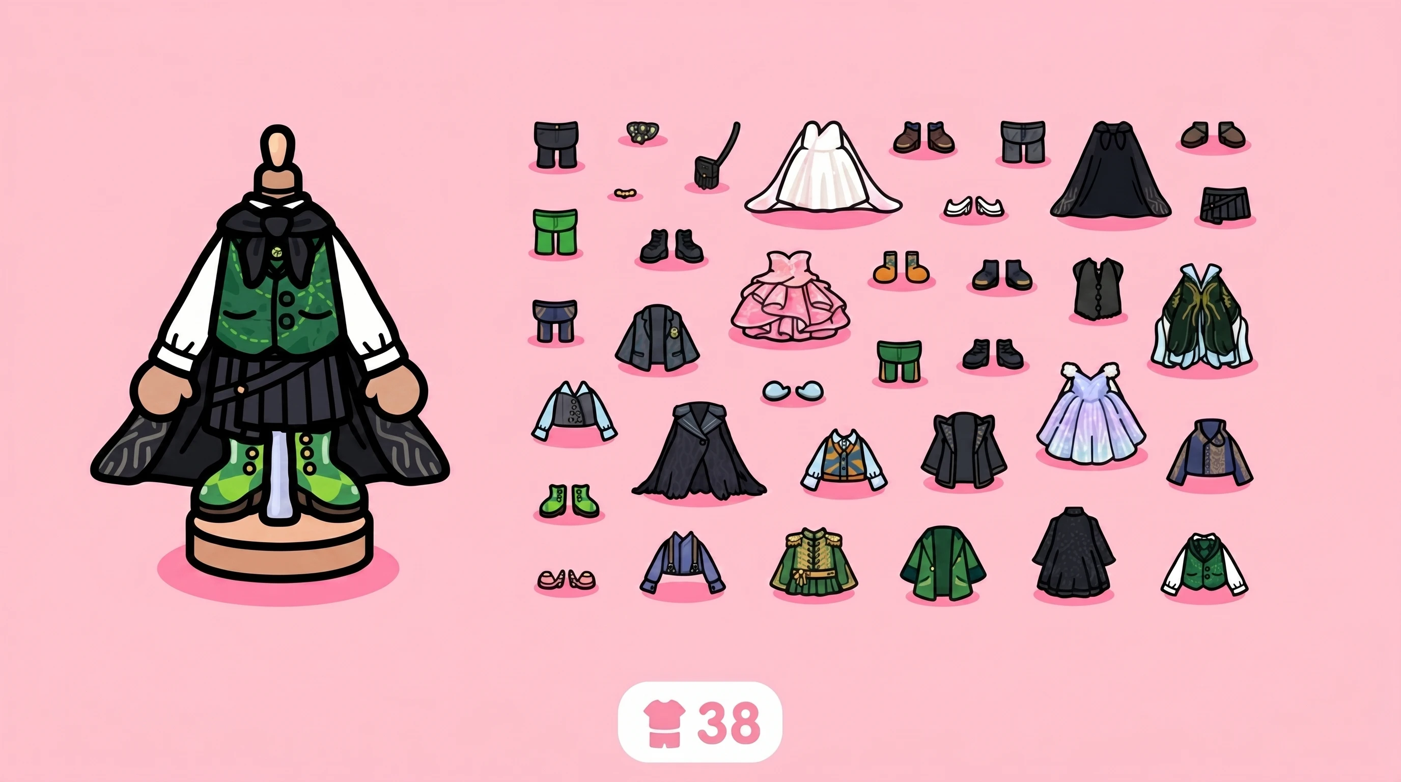 Grid of Wicked Style Pack skirts, dresses, jackets, shoes and hats with sample avatar