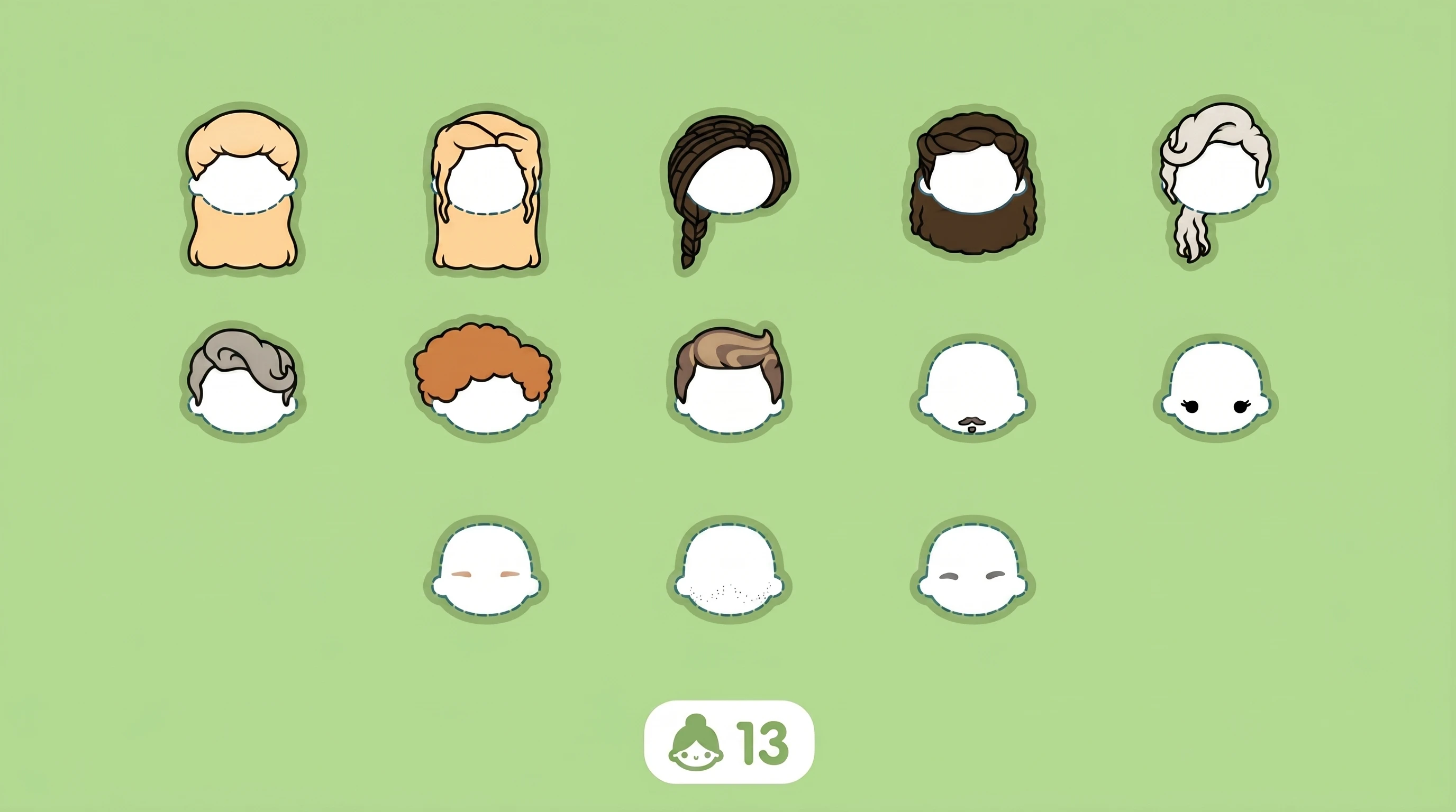 Thirteen Wicked pack hairstyle and face options on blank avatar heads