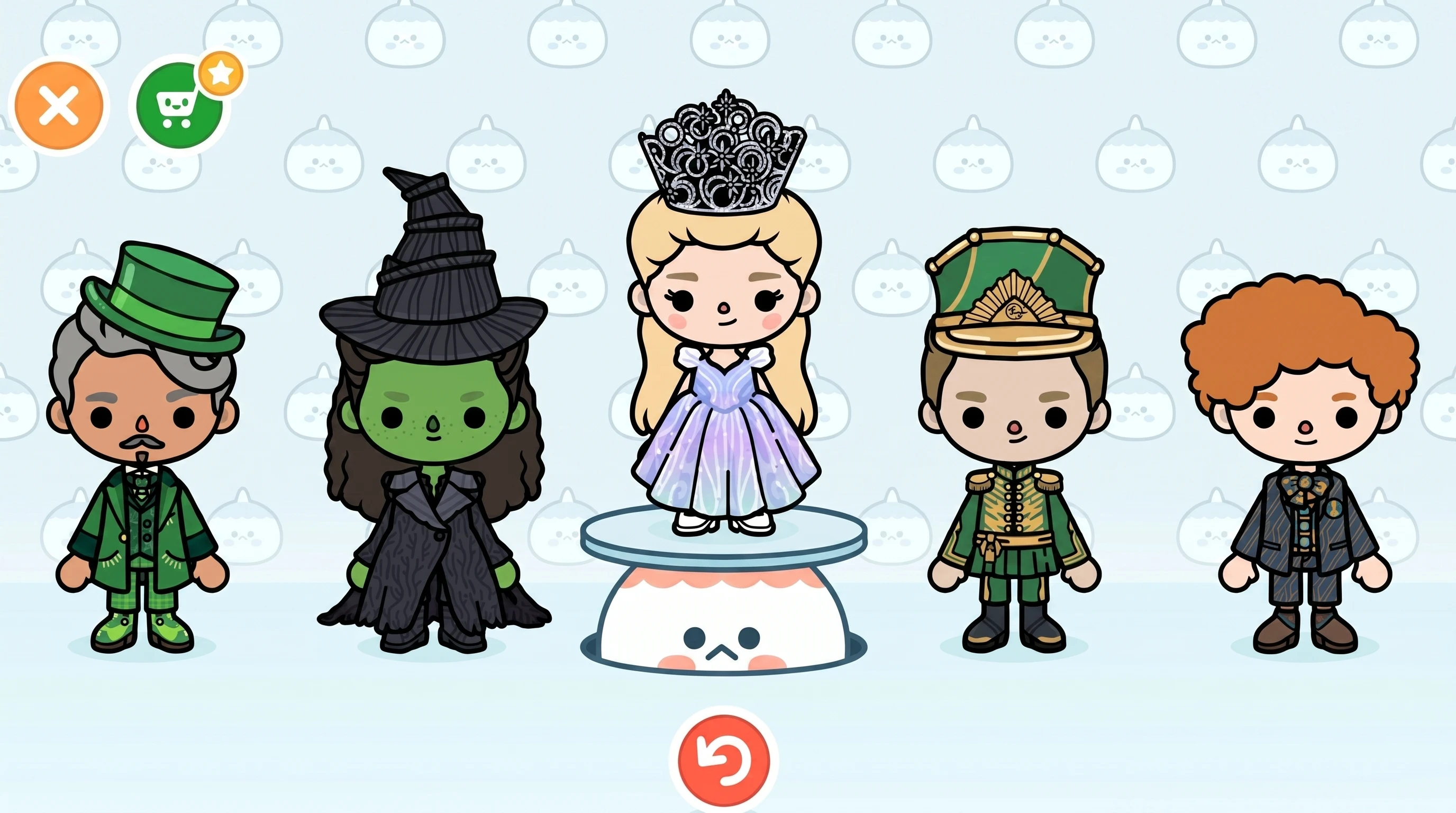 Five Wicked characters posed on a tiered stand in formal costumes