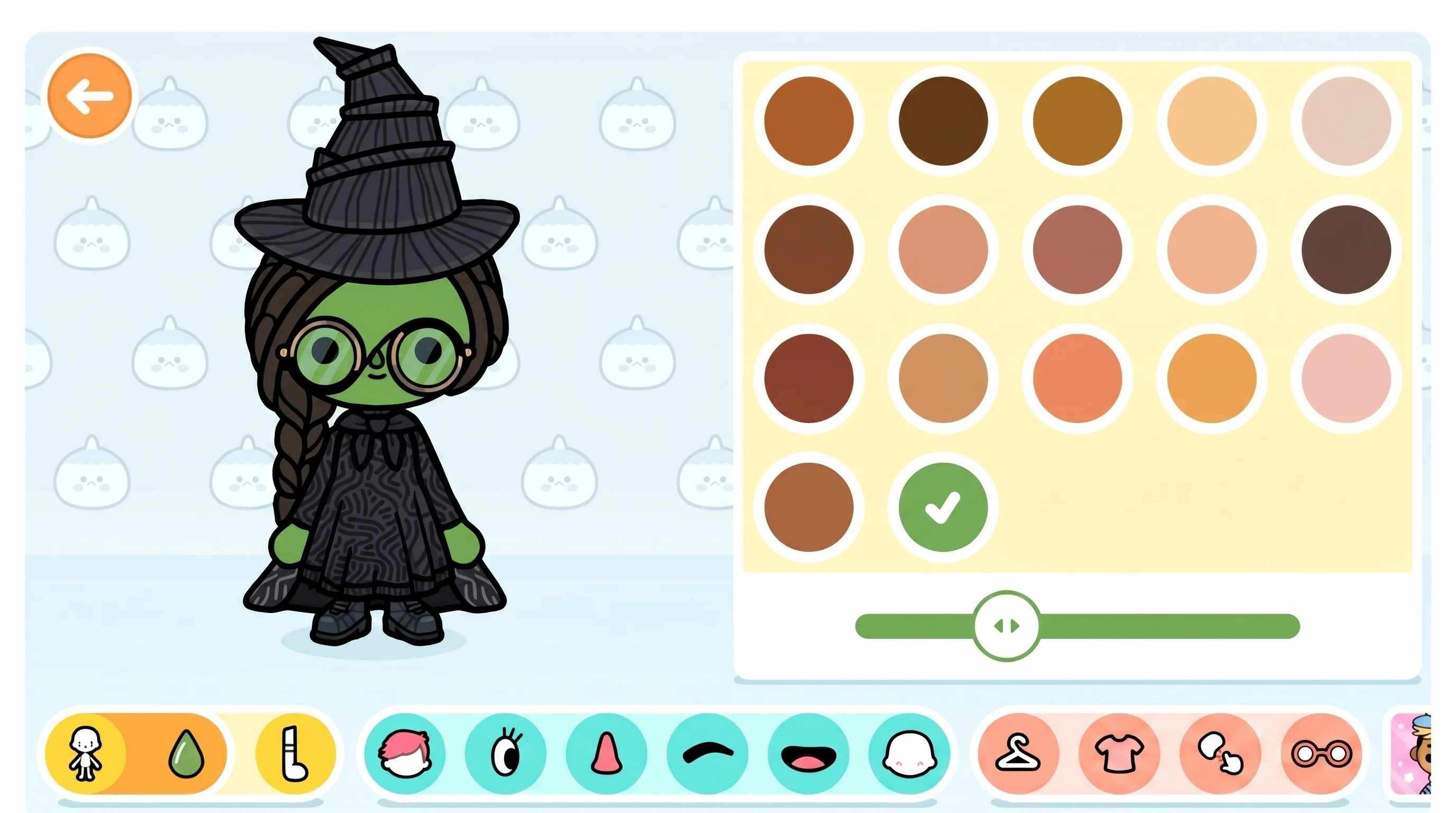 Green-skinned witch avatar beside skin tone picker in Character Creator