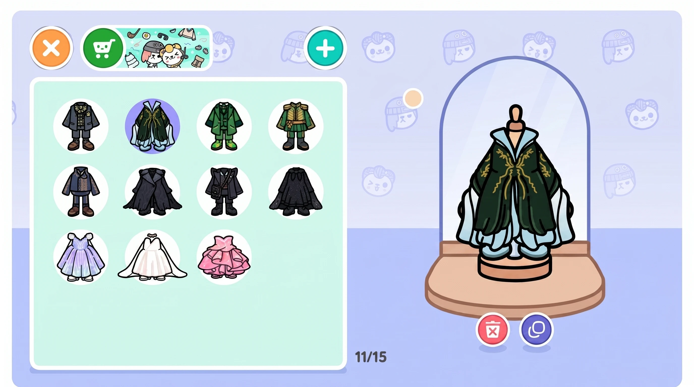 Clothing grid and glass display gown in a Wicked fashion shop scene
