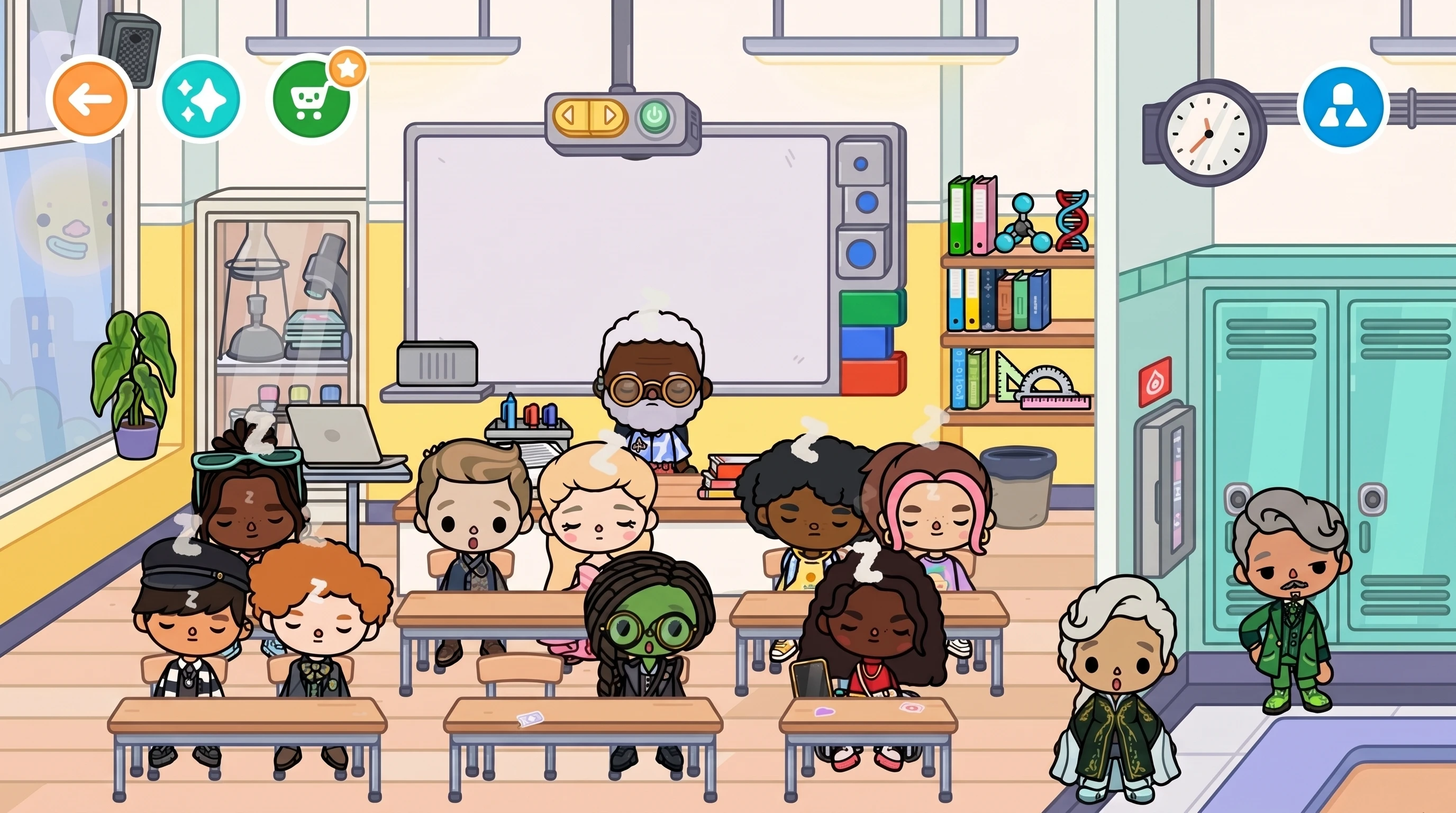 OK Street High classroom with teacher and students in Wicked outfits