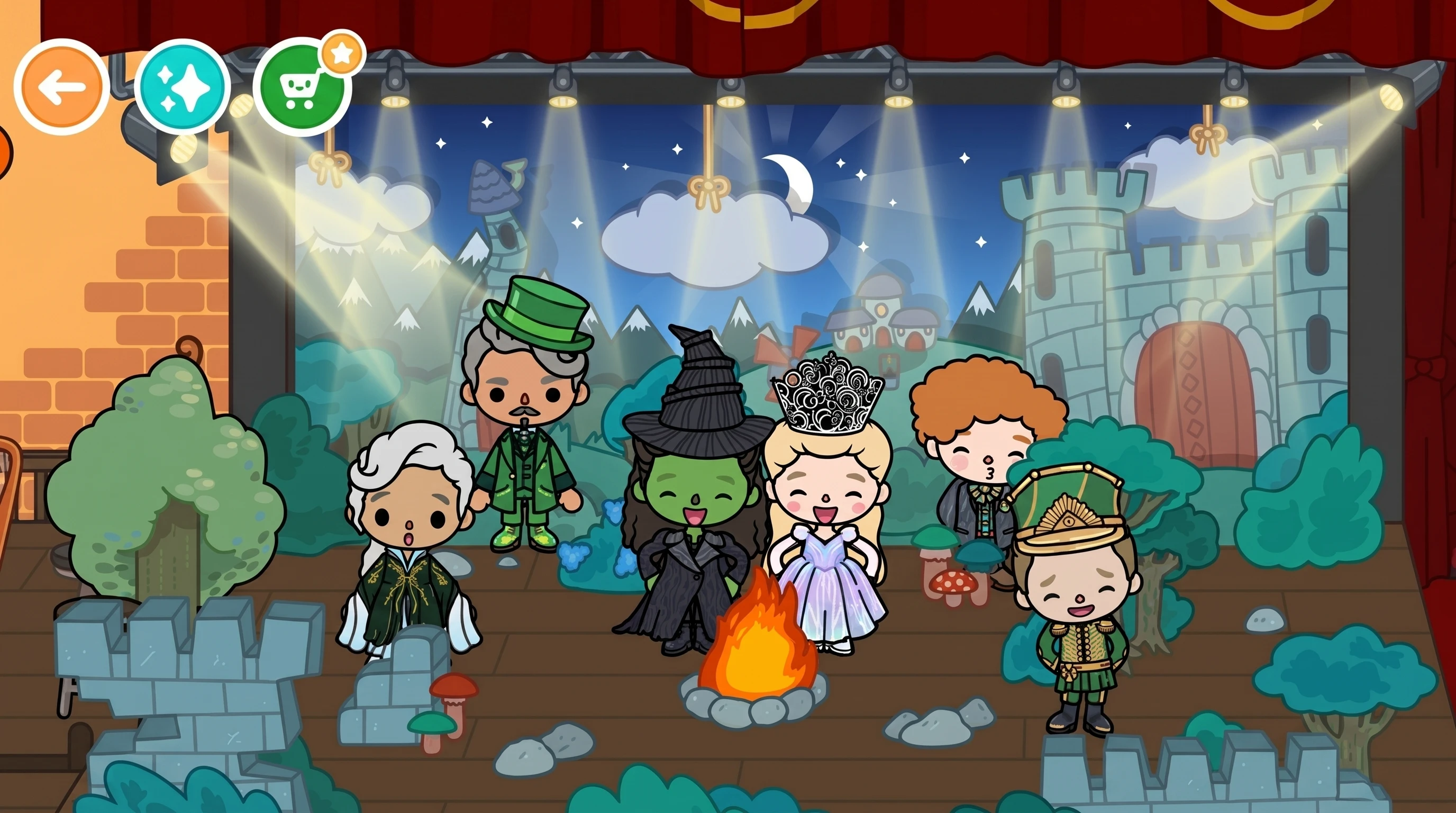 Theatrical stage with Wicked characters around a campfire and castle backdrop