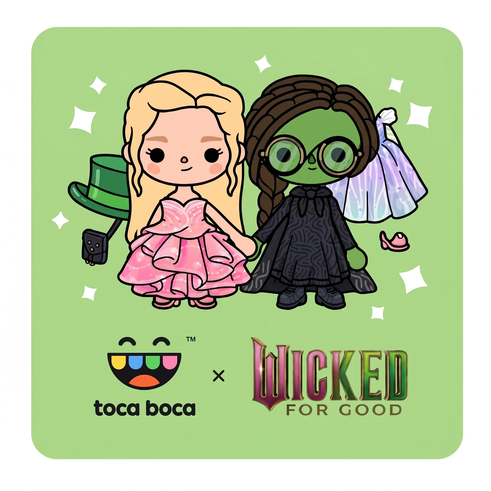 Wicked Style Pack shop logo with Glinda in pink gown and Elphaba with green skin