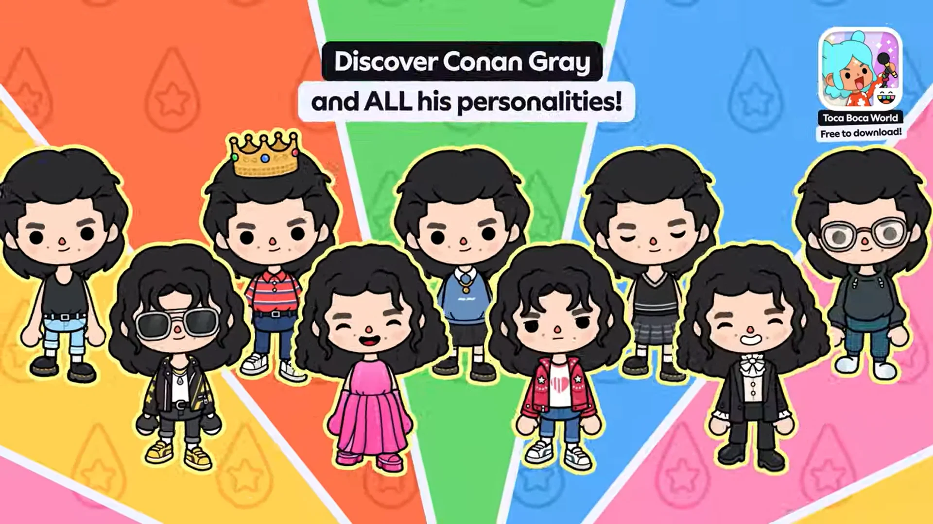 Toca Boca x Conan Gray trailer banner showing the nine themed Character Creator outfits