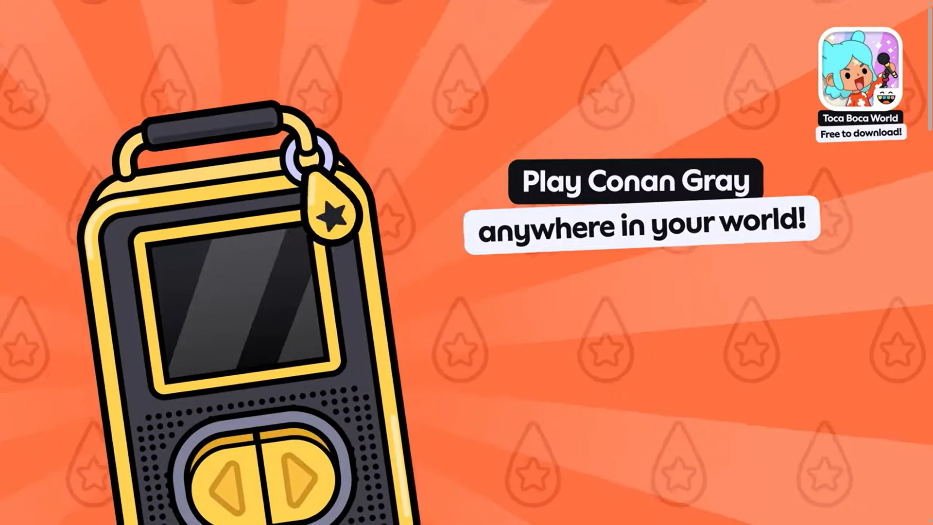 Toca Boca x Conan Gray trailer banner showing the four-track Home Designer Music Player