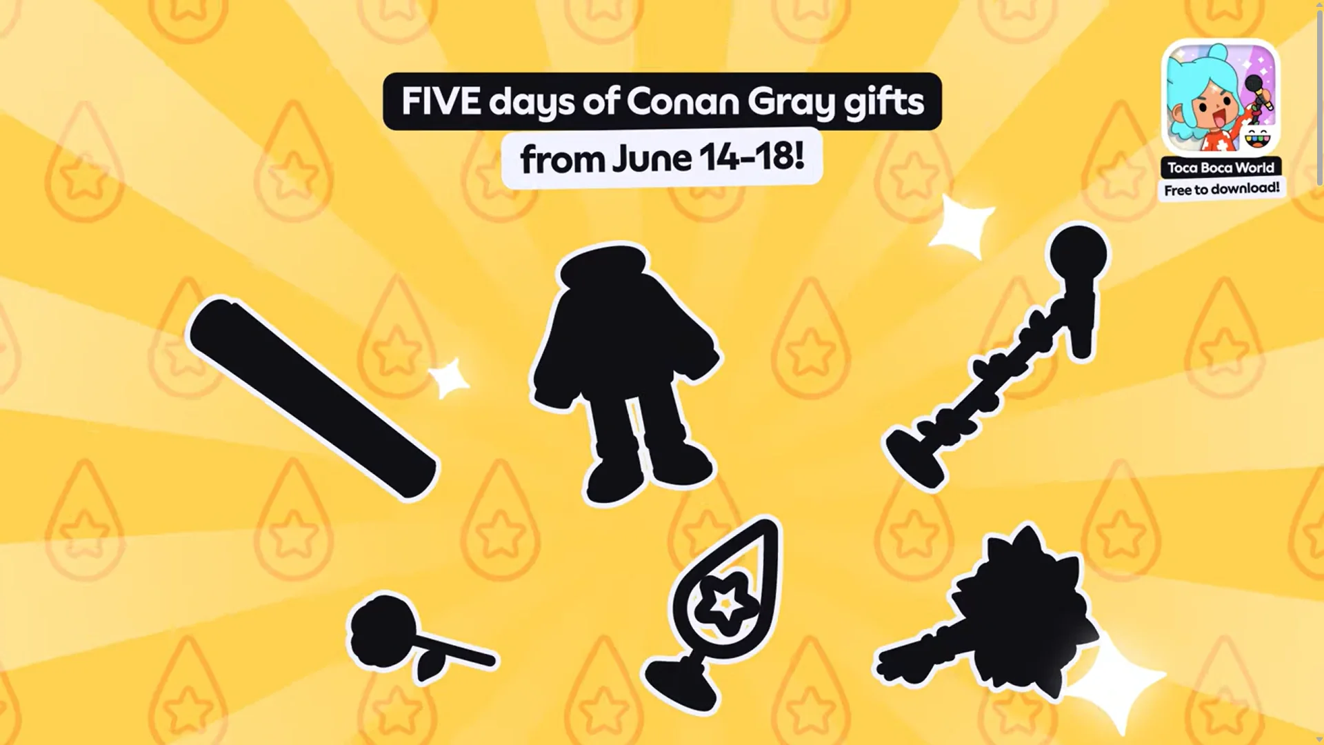 Toca Boca x Conan Gray gift event trailer banner showing the in-game gift wrap with black band and Found Heaven logo tag